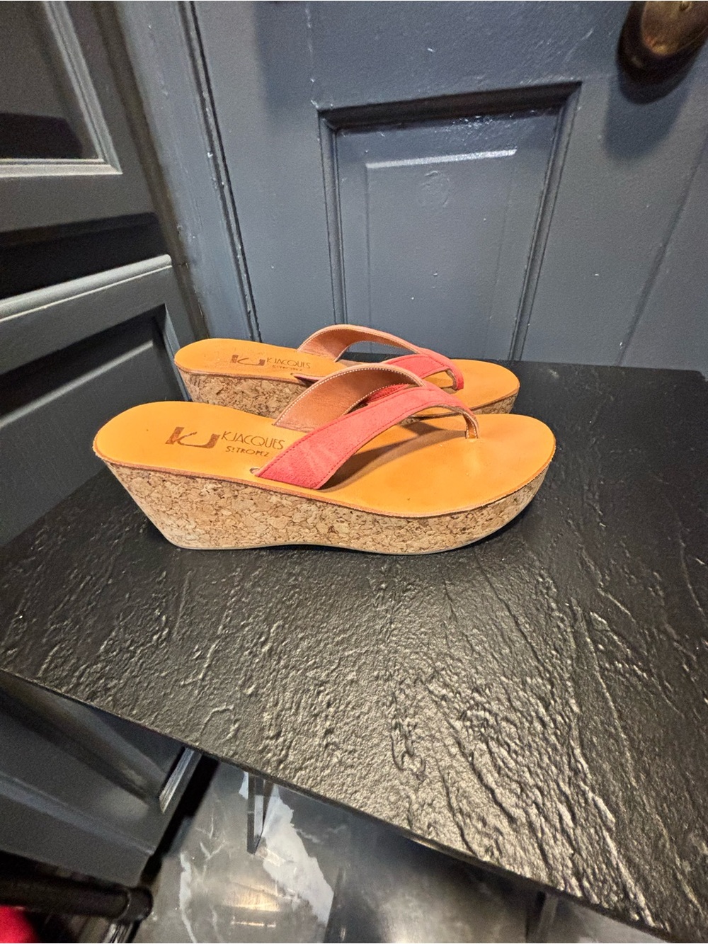K.Jacques Coral-Orange Cork Wedge Thong Sandals